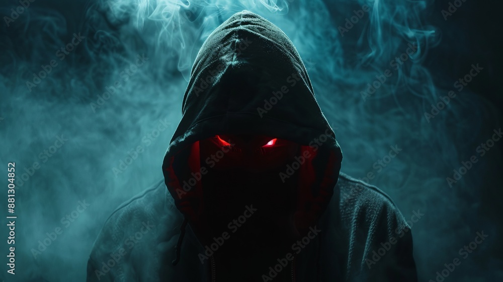 A hooded figure with glowing red eyes appears sinister within swirling ...