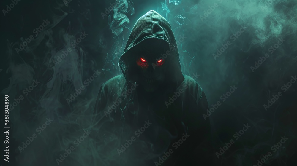 A figure with glowing red eyes and a hood is surrounded by thick smoke ...