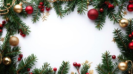 Festive Christmas spruce frame with red and gold decorations on white background Plenty of room for text Winter season celebration