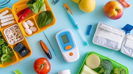 Wall Mural - A vibrant arrangement of healthy vegetables, fruits, and medical tools, including syringes, pills, and a glucose meter, displayed on a blue background, promoting health and wellness.