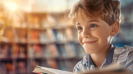 A young boy is sitting in a library with a book in front of him