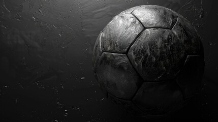 Poster - Black soccer ball on black background with textured surface and space for text