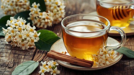 Canvas Print - Viburnum tea with cinnamon and honey on wooden table Close up with space Selective focus