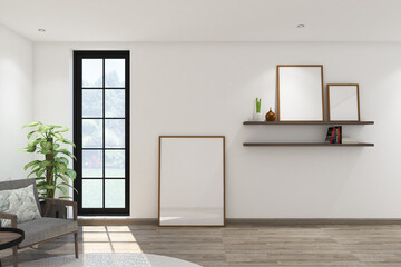 Wall Mural - 3d render of minimal interior design wall mockup with shelves and frames. Light oak wood parquet floor, White wall and white ceiling. Set 1