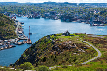 Aerial view from Signal Hill across Gibbet Hill with the Queen's Battery Barracks and the Narrows into St John's Harbour
