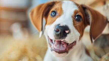 This delightful image features an adorable puppy with a happy expression, looking upward. It captures the joy and innocence of pets, radiating warmth and unconditional love.