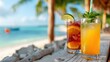 © LifeMedia - Two glasses filled with vibrant beverages garnished with fresh citrus slices, set on a rustic table on a sunny beach with the ocean and a boat in the background.