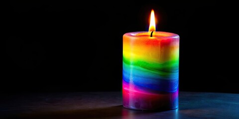Wall Mural - colorful multicolored light glowing from a candle on a black background, surrealistic , surrealism, 