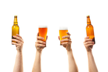 Hands with glasses and bottles of beer on white background