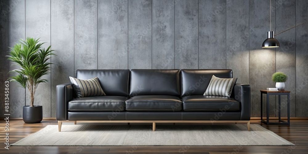 Sleek black leather sofa in modern living room setting, living room ...