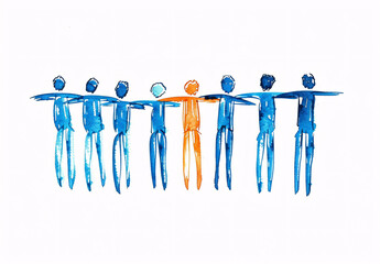 Wall Mural - Group of ten people in simple line drawing, white background, blue and orange ink