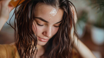 Young woman with long brown hair applying hair oil