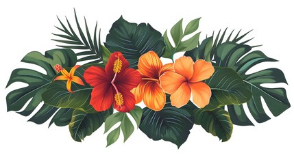 Wall Mural - tropical leaf and flower on white background