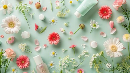 Wall Mural - Beauty products with floral elements from above