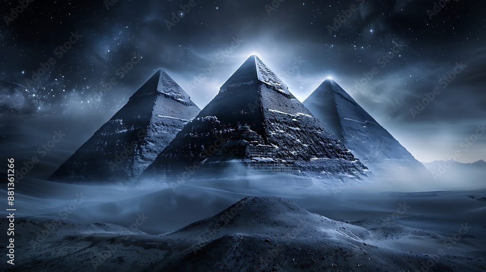The majestic pyramids of Giza under a starry night sky, intricate stone ...