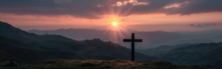 Wall Mural - Crucifixion at Calvary Hill: Jesus Christ on the Cross with Sunset Sky