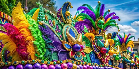 Vibrant Mardi Gras float with colorful feathers and sequins, Mardi Gras, parade, celebration, carnival, festive, decorations