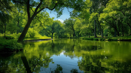 Wall Mural - a beautiful lake in green park, relaxing nature wallpaper 