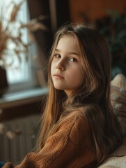 A young girl sits on a couch, gazing out of a window