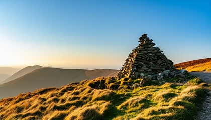 Wall Mural - The warm evening sunlight of the mountain summit cairn of Rampsgill Head at sunset in the Lake District UK. 