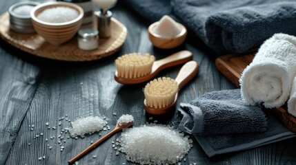 Canvas Print - Items for bath displayed on dark wooden table sea salt brushes washcloths massager mirror