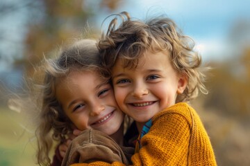 Children Girls Boys Childhood children older brothers and sisters love family together Portrait Fun Happy Joy Happy cute happy young