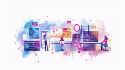Little people test quality assurance in software and fix bugs in hardware. Vector illustration Watercolor illustration style. Isolated on white background. Creative conceptual art which is very beauti