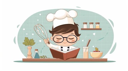 A cute little chef with glasses and a chef's hat reads a cookbook. Kitchen utensils and ingredients are arranged on the counter.