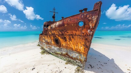 Wall Mural - Old, rusty shipwreck resting on a pristine tropical beach with clear blue waters and a bright sky.