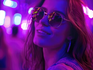 A woman wearing sunglasses stands in front of a bright purple light, creating a striking visual contrast