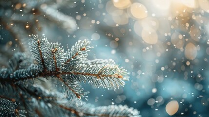 Close-up of a frosty pine branch during a gentle snowfall, with sparkling bokeh lights creating a magical winter scene.