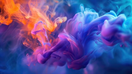 Wall Mural - Dynamic abstract smoke art with vibrant orange, purple, and blue swirls creating a mesmerizing, fluid motion against a dark background.