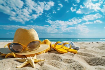 A hat, sunglasses, and starfish on a sunny beach