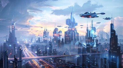 Wall Mural - futuristic cityscape with flying vehicles