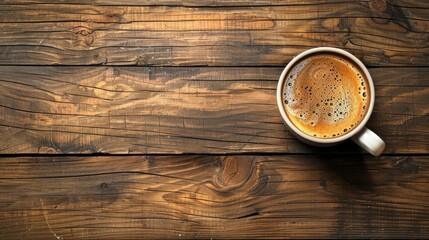 Wall Mural - Top view of a wooden background with a frothy brown coffee cup