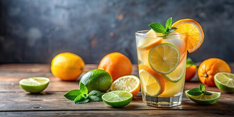 Wall Mural - Refreshing glass of citrus lemonade with orange and lime slices , Citrus, lemonade, coolness, freshness, drink, beverage