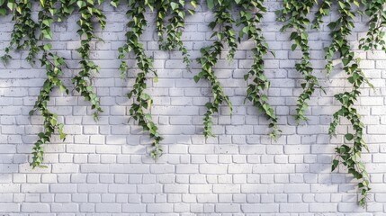 Canvas Print - Wall made of white painted brick with vines popular in English or vintage style