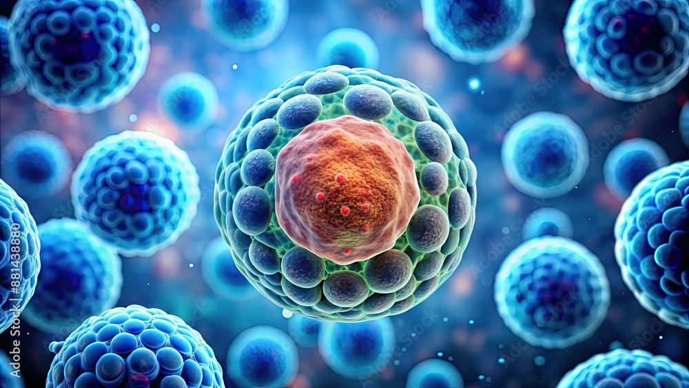 rendering of a human cell or embryonic stem cell under a microscope ...