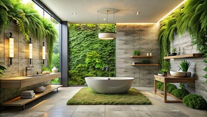 Poster - Luxurious spa-inspired bathroom with natural stone textures and lush greenery , spa, bathroom, luxurious, natural stone