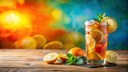 Poster - Refreshing citrus iced tea cocktail on a colorful background, summer, drink, cold, beverage, refreshment, cocktail, citrus, colorful