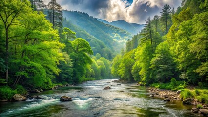 Sticker - Lush forest with tall trees, flowing river, and smoky mountains, nature, wilderness, landscape, trees, greenery