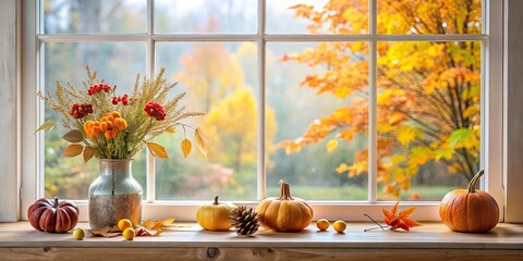 Sticker - Minimalistic autumn decor arrangement with natural elements on a window, fall, leaves, pine cones, branches, rustic