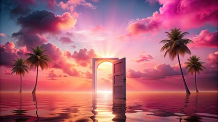 Wall Mural - Pink tropical sky with a door to heaven, Sky, Pink, Tropical, Heaven, Door, Bright, Clouds, Paradise, Surreal, Fantasy