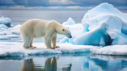 Sticker - Solitary polar bear searching for food on floating ice in the Arctic region, polar bear, Arctic, ice, sunset