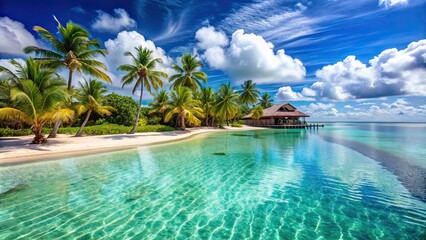 Canvas Print - Luxurious tropical resort surrounded by palm trees and crystal clear ocean waters, luxury, vacation, paradise, relaxation