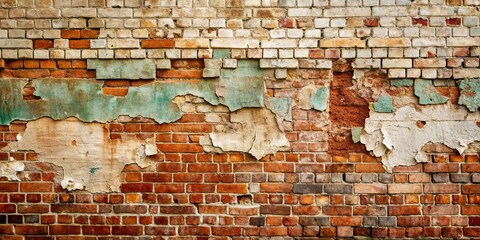 Sticker - Vintage peeling paint on an old brick wall , weathered, aged, texture, background, grunge, abandoned, rustic, decay, retro