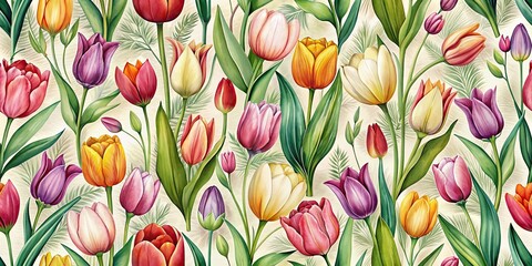 Poster - Seamless pattern of beautiful tulips and botanicals, florals, tulips, botanicals, seamless, pattern, vibrant, colorful, nature