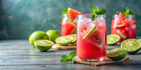 Sticker - Refreshing homemade watermelon and lime lemonade , drink, beverage, summer, fresh, organic, fruity, citrus, cold, glass, pitcher