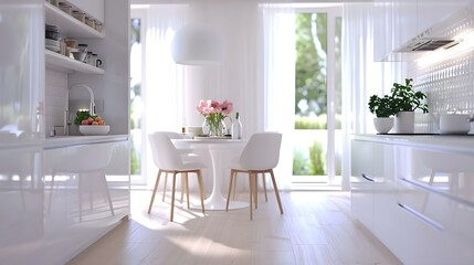 Modern new light interior of kitchen with white furniture