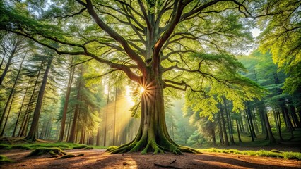 Wall Mural - Majestic tree standing tall in a peaceful forest setting, nature, green, foliage, landscape, outdoors, environment, growth